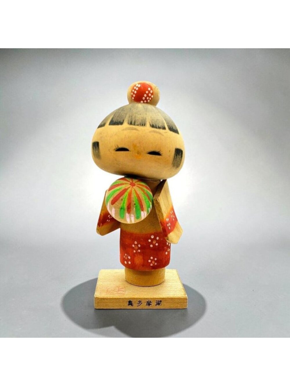 Vintage Kokeshi Doll Lake Okutama Japan Red Floral Wood Figurine 6" Japanese